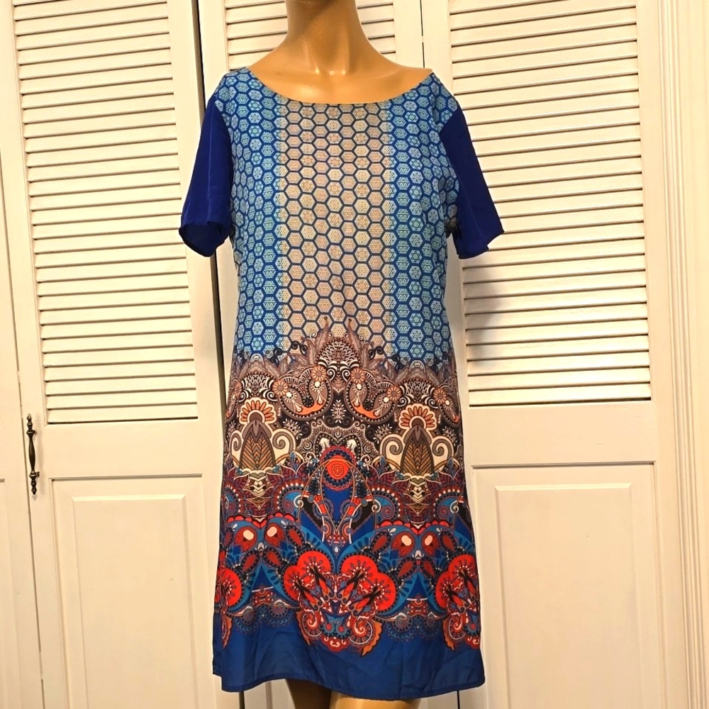 578 Point Womens  Colorblock Short Silky Lightweight Dress Tunic Short Sleeve M